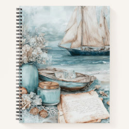 BLAUW AQUAREL STRANDSCÈNE MET ZEEILBOOT NOTITIEBOEK