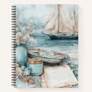 BLAUW AQUAREL STRANDSCÈNE MET ZEEILBOOT NOTITIEBOEK