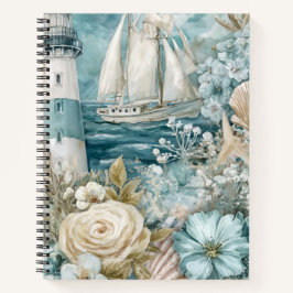 BLAUW AQUAREL STRANDSCÈNE ZEEBOOT VUURTOREN  NOTITIEBOEK