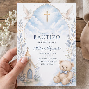 Blauw Aquarel Teddybeer Doop Uitnodiging Jongen