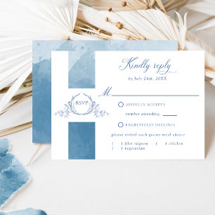 Blauw Aquarel Trouw Klassieke Monogram RSVP Kaart