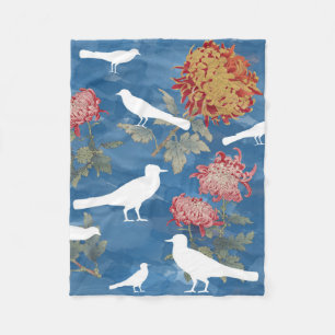 Blauw Aquarel Vintage Bloemen & Vogels Fleece Deken