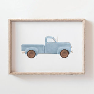 Blauw Aquarel Vintage Vrachtwagen Poster