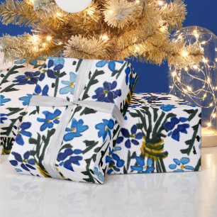 Blauw Aquarel Wildbloemen Patroon op Wit Cadeaupapier