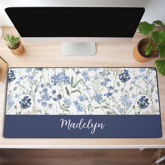 Blauw Aquarel Wilde Bloem Initiaal Naam Bureaumat