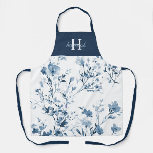 Blauw Aquarel Wilde Bloem Naam Monogram Schort
