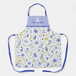Blauw Aquarel Wilde Bloem Patroon Aangepaste Naam Schort
