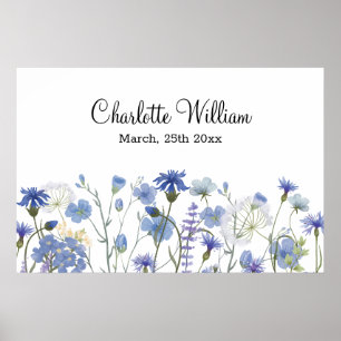 Blauw Aquarel Wilde Bloementuin Baby Slaapkamer Poster