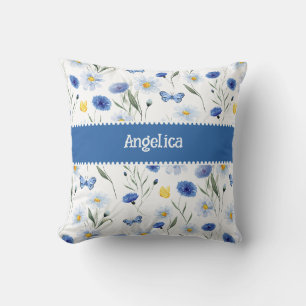 Blauw Aquarel Wilde Bloemenwei Naam Kussen