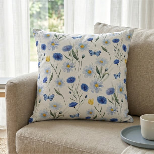 Blauw Aquarel Wilde Bloemenweide Patroon Kussen