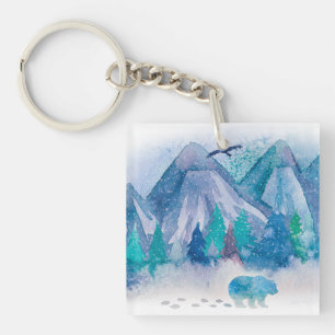 Blauw Aquarel Winter Berglandschap Kunst Sleutelhanger