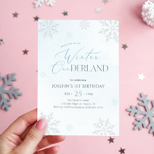 Blauw Aquarel Winter Onederland Eerste Verjaardag Kaart