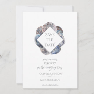Blauw Aquarel Zee Schelp Save the Date Plat Kaartj Kaart