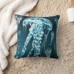 Blauw aquarel zeepaarden kwallen nautisch kussen