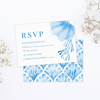 Blauw Aquarel Zeeschelp en Koraal RSVP Kaartje