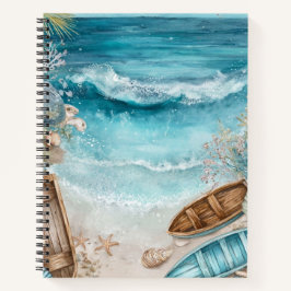 BLAUW AQUAREL ZOMER STRANDSCÈNE MET BOTEN NOTITIEBOEK