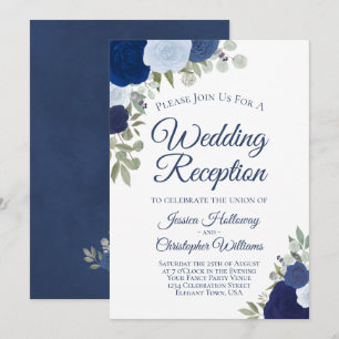 Blauw Aquarelrozen Elegante Trouwreceptie Kaart