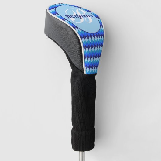 Blauw Argyle, Marineblauw, Hemelblauw, Lichtblauw Golfheadcover (Schuin)
