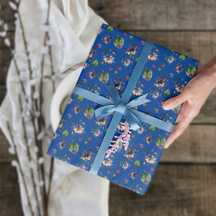Blauw Art Nouveau Gebrandschilderde Akelei Bloemen Cadeaupapier