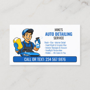 Blauw Autowas Cartooneske Man QR Auto Detailing Visitekaartje