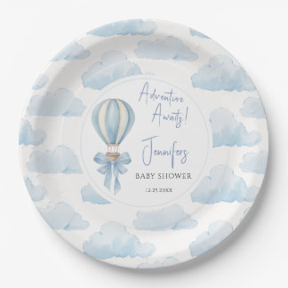 Blauw avontuur wacht luchtballon baby jongensfeest papieren bordje
