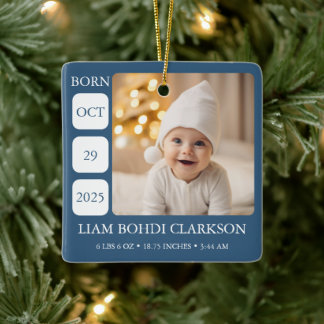 Blauw Baby Jongen Geboorte Stats Foto Ornament Aan