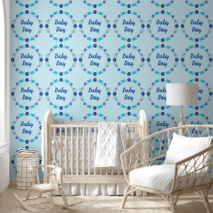 Blauw baby jongen vlinders en bloemen op maat behang