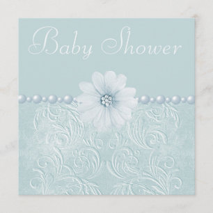 Blauw Baby shower Bling Flowers & Pearls Kaart