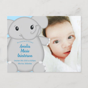 Blauw Baby shower met olifant Briefkaart