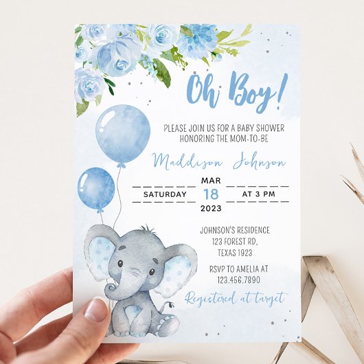 Blauw Baby shower met olifant Kaart
