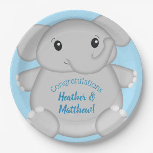 Blauw Baby shower met olifant Papieren Bordje
