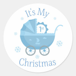 Blauw Babywagentje Eerste Kerstmis Ronde Sticker