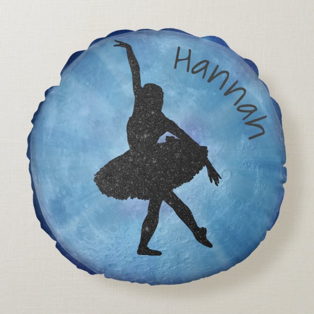 Blauw Ballerina Kussen met Naam - Rond - 16 inch (Voorkant)