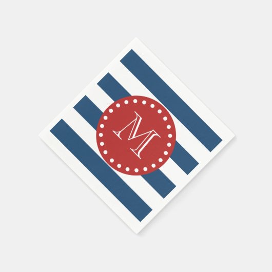 Blauw-bandenpatroon, rood monogram servetten (Hoek)