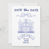 Blauw Barok Foto Save the Date Uitnodiging (Voorkant)