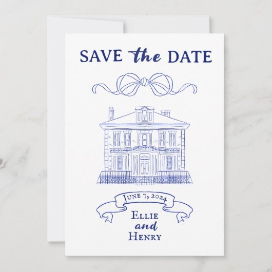 Blauw Barok Foto Save the Date Uitnodiging (Voorkant)