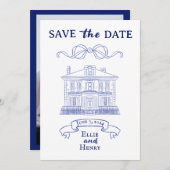 Blauw Barok Foto Save the Date Uitnodiging (Voorkant / Achterkant)