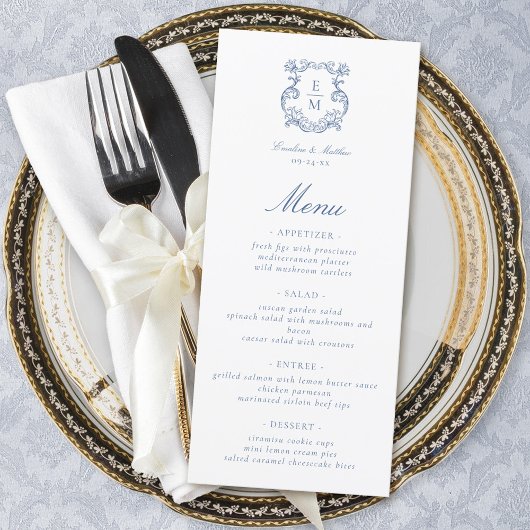 Blauw Barok Monogram Crest Wedding Menu