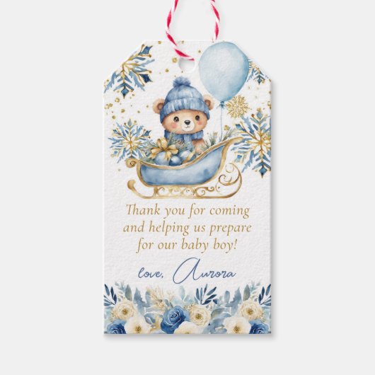 Blauw Beer Kerst Baby shower Dank u wel Cadeaulabel (Voorkant)