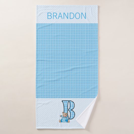 Blauw Beer met letter B in Gingham Cheques Badhanddoek (Badhanddoek)