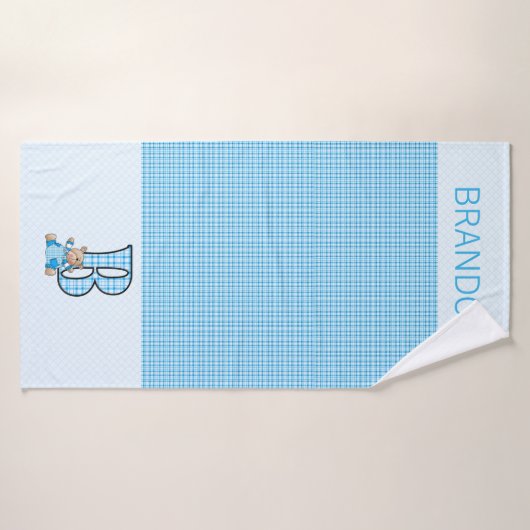 Blauw Beer met letter B in Gingham Cheques Badhanddoek (Badhanddoek)