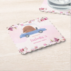 Blauw Beer Race auto Tropische bloem Verjaardagsfe Kartonnen Onderzetters