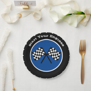 Blauw begin uw motoren met racebanden papieren bordje