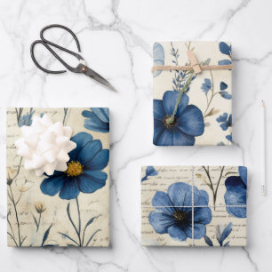 Blauw Beige Aquarel Bloemen Vintage Antiek Inpakpapier Vel