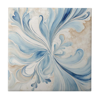 Blauw beige bladeren keramische Tegel Tegeltje