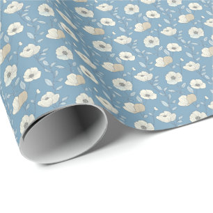 Blauw Beige Bloemige Verjaardag Bruiloft Baby Show Cadeaupapier