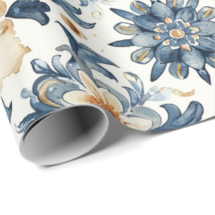 Blauw & Beige Bloemtegels Inpakpapier, Antiek Cadeaupapier