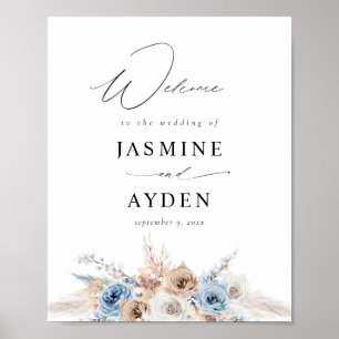 Blauw & beige Boho Floral Welkom Sign 2 Poster
