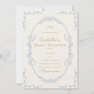 Blauw Beige En Goud Elegante baby shower Kaart