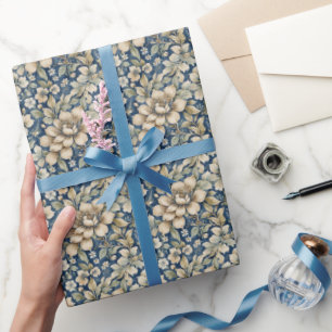 Blauw Beige Groen Chinoiserie Toile Bloemige Verja Cadeaupapier